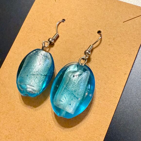 Gorgeous Light Blue Artisan Foiled Glass Drop Earrings - Picture 3 of 7
